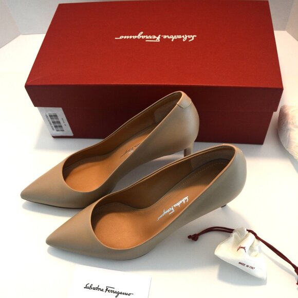 Salvatore Ferragamo Shoes - Salvatore Ferragamo Women's "ILARY 70" Beige Patent Leather Heeled Pumps